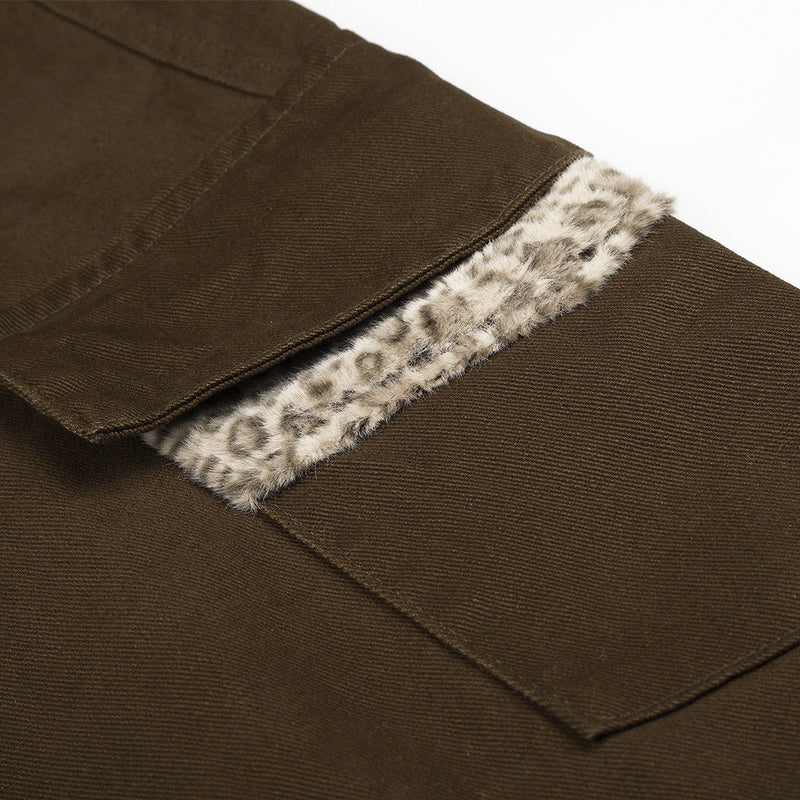Men's Wide-Leg Cargo Pants with Leopard Fur Trim & Multi-Pocket Design
