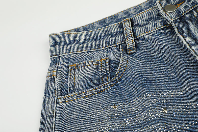 Jean baggy taille haute – Denim barrel à jambes larges avec étoiles en strass