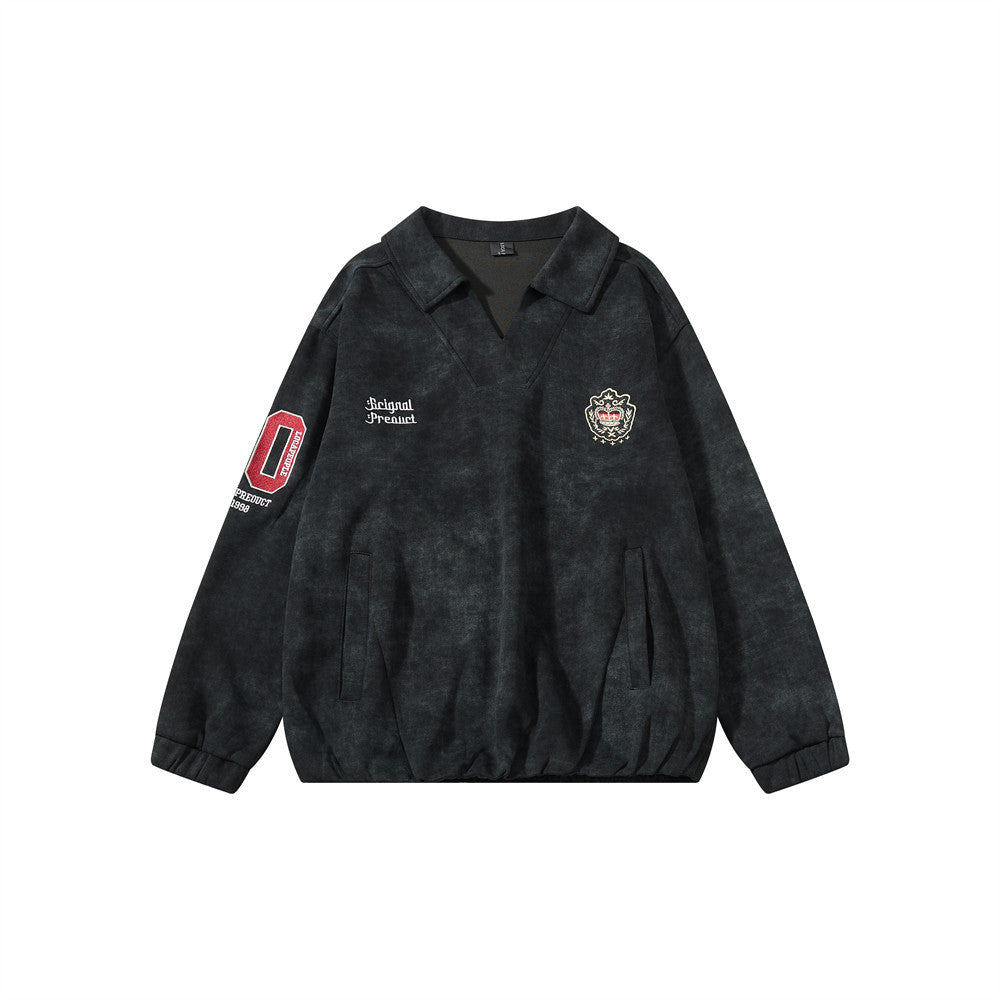 Jersey de cuello en V para hombre, oversized, con bordado universitario