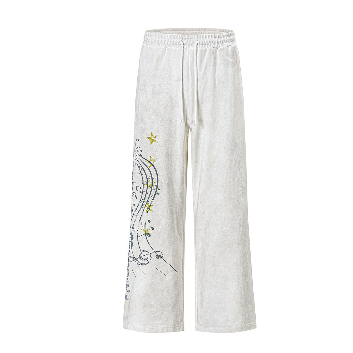 Pantalon de survêtement délavé à jambe large avec motif de notes de musique et d’étoile sur la jambe gauche, en blanc cassé et noir