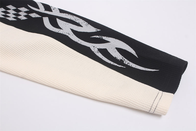 Men's Long Sleeve Waffle Knit Shirt – Moto Racing Graphic Colorblock Crew Neck