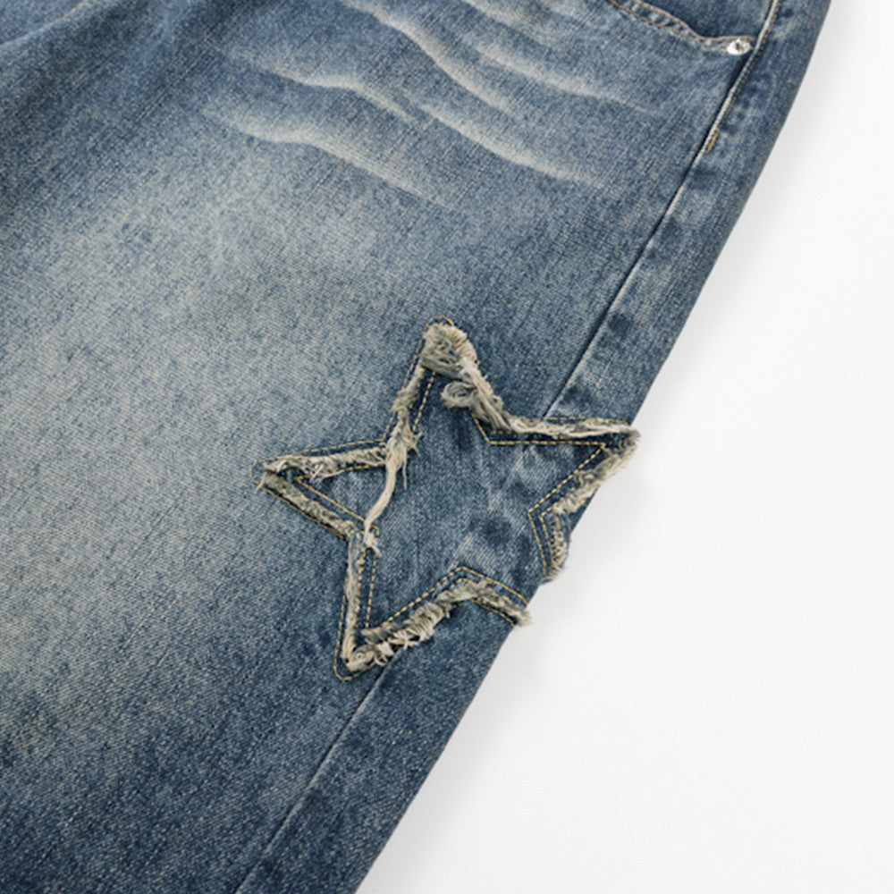 Men's Baggy Denim Shorts with Star Patch Detail, Washed Wide-Leg Five-Point Cut