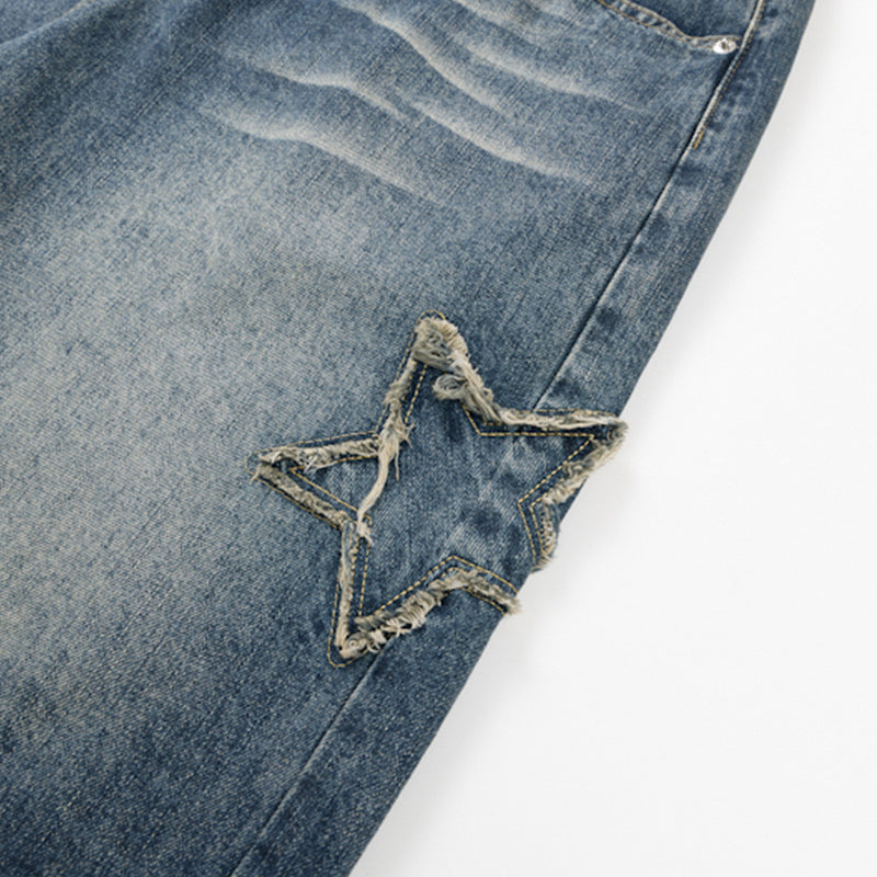 Men's Baggy Denim Shorts with Star Patch Detail, Washed Wide-Leg Five-Point Cut