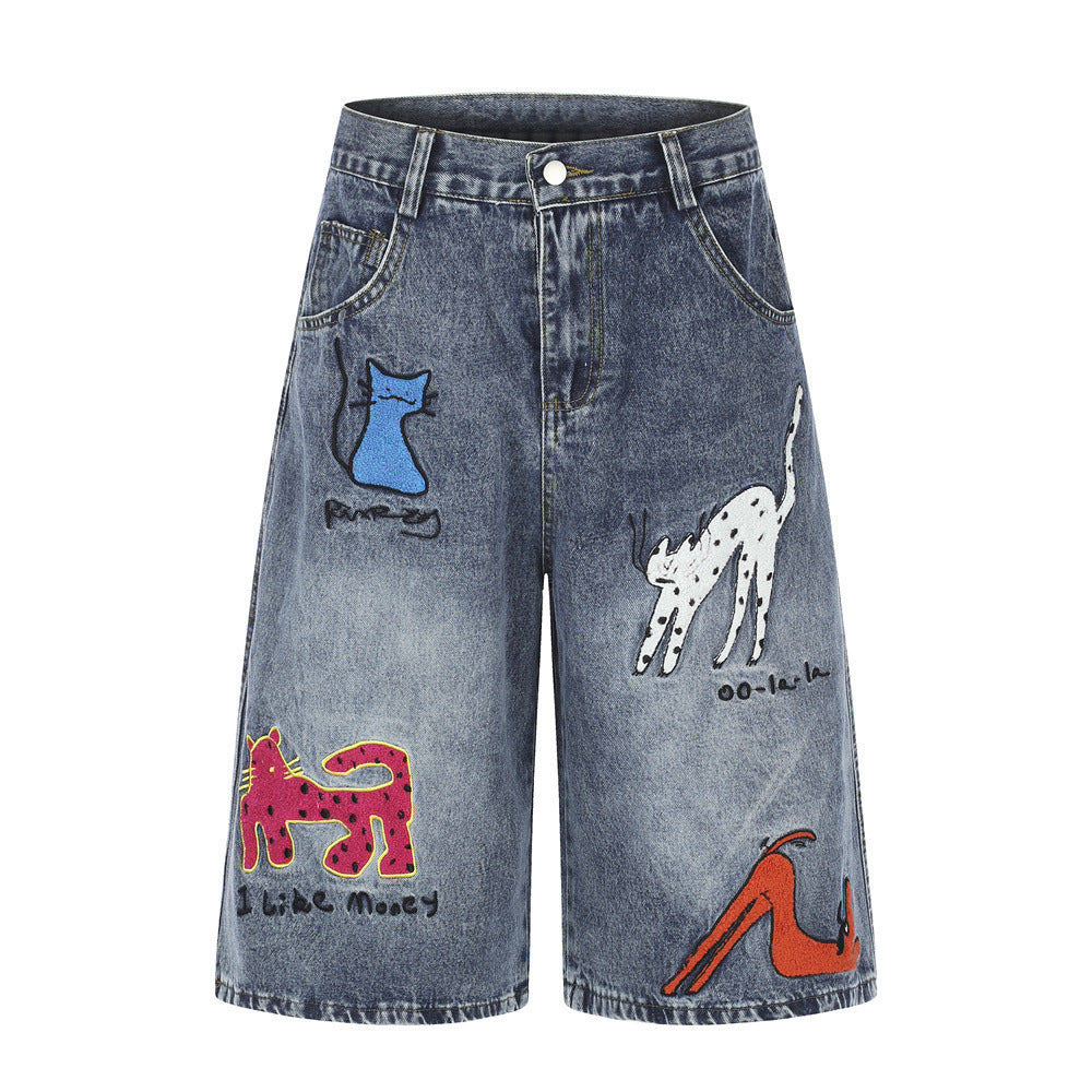 Cartoon Cat Embroidered Denim Shorts – Men's Wide Leg Vintage Washed Jean Shorts