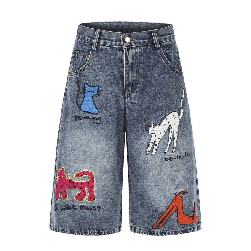 Cartoon Cat Embroidered Denim Shorts – Men's Wide Leg Vintage Washed Jean Shorts