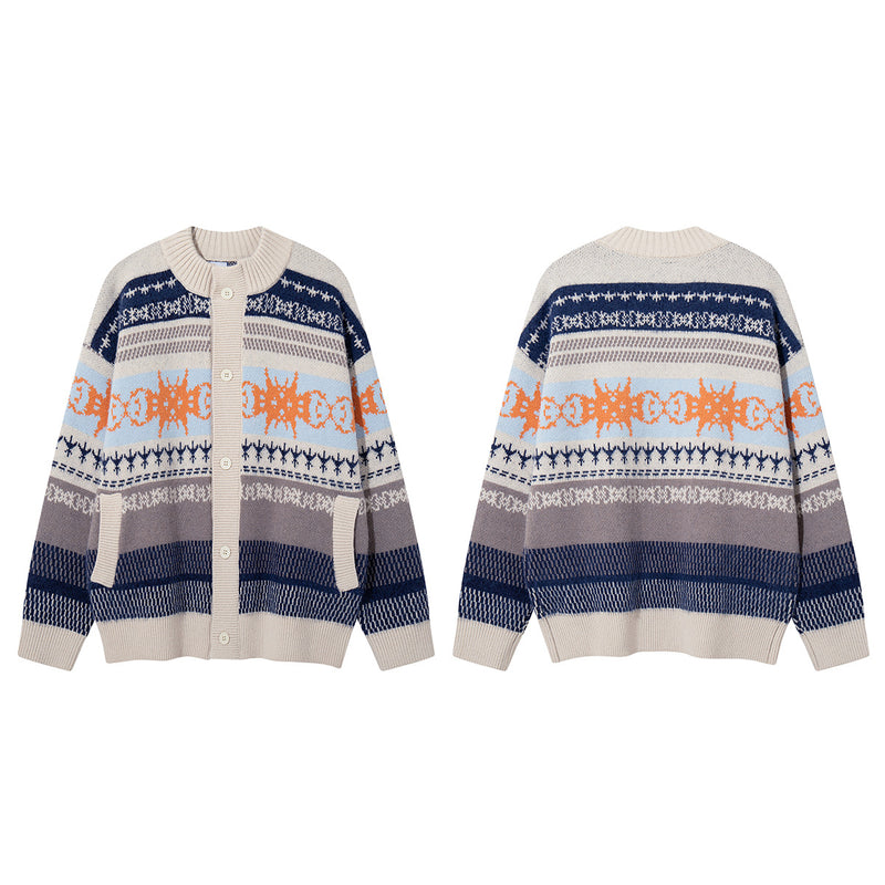 Fair Isle Jacquard Knit Cardigan Sweater – Retro Korean-Style Button-Up