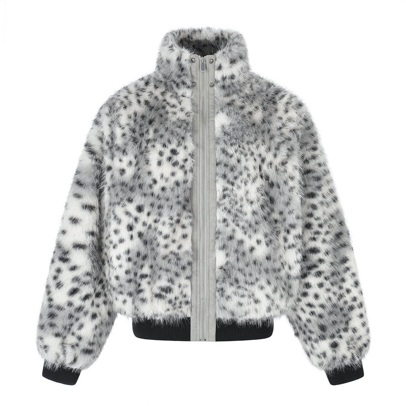 Faux Fur Leopard Print Bomber Jacket – Men's Oversized High-Collar Winter Coat