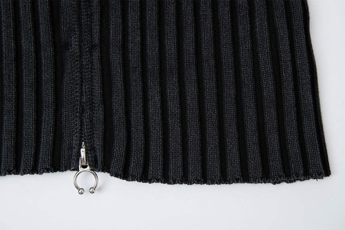 Ribbed Knit Mock-Neck Full-Zip Cardigan Sweater with Lightning Bolt Embroidery