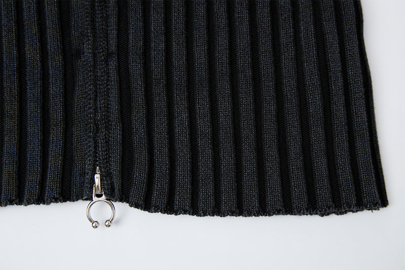 Ribbed Knit Mock-Neck Full-Zip Cardigan Sweater with Lightning Bolt Embroidery