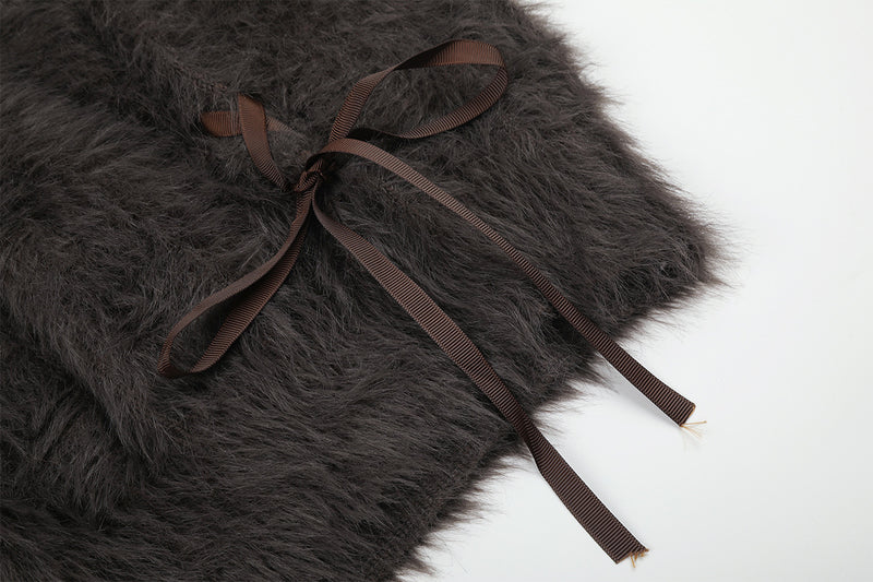 Fuzzy Horse Jacquard Sweater with Ribbon Bow Details – Charcoal Grey