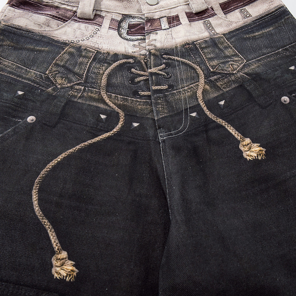 Wide-Leg Jeans with Faux Double Waistband, Rope Lace-Up & Distressed Patchwork