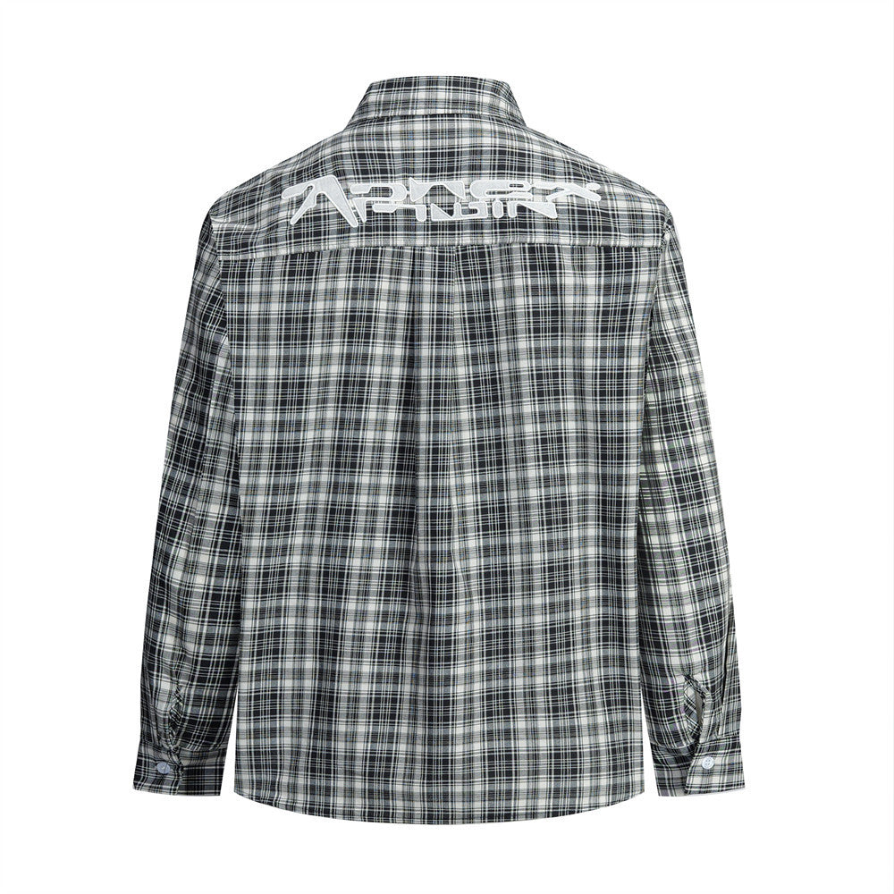 Black plaid long sleeve shirt back view with white embroidered lettering across the shoulders