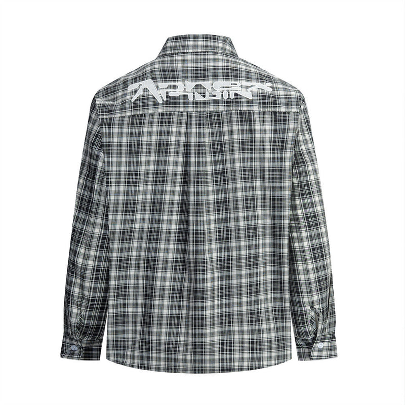 Black plaid long sleeve shirt back view with white embroidered lettering across the shoulders