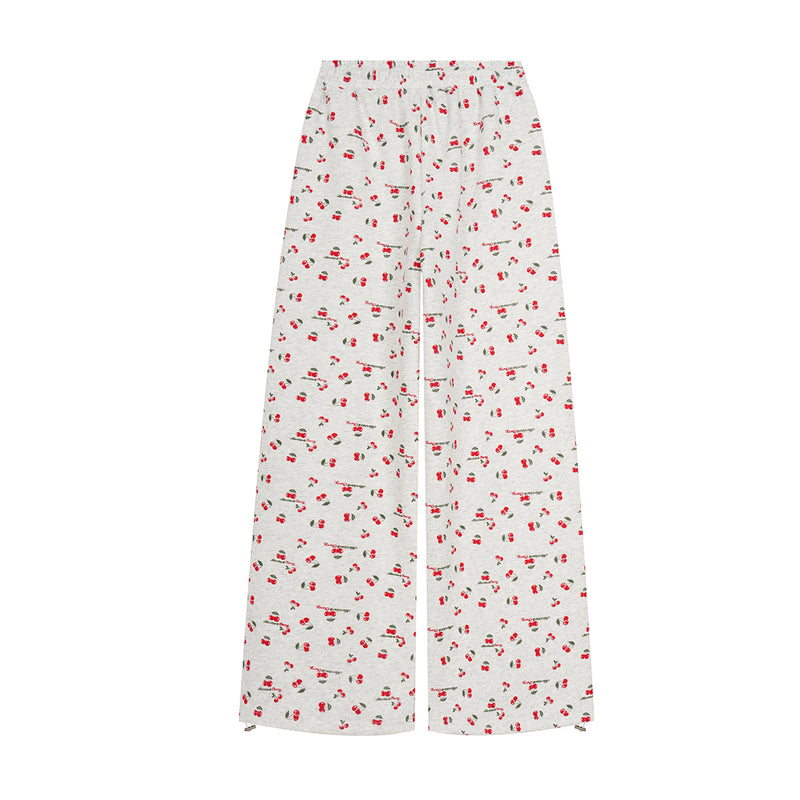 Cherry Print Zip-Up Hoodie & Wide-Leg Sweatpants Set – Heather Grey Floral