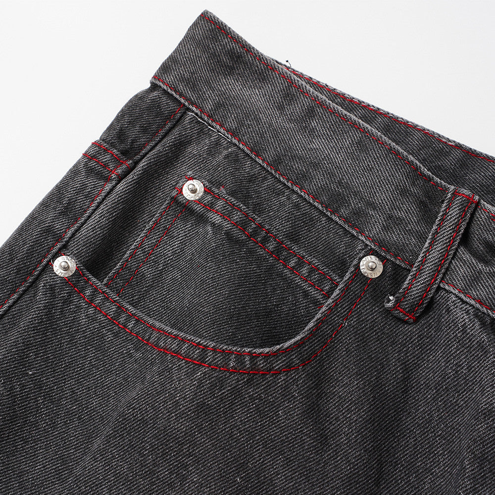 Wide Leg Jeans with Wing & Star Back Print, Red Contrast Stitching