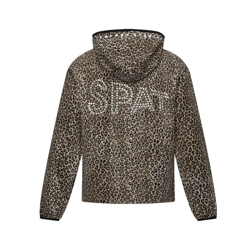 Leopard-Zip-Hoodie Streetwear – Kristallnieten-Details, lange Ärmel