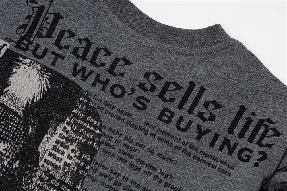 Men's Gothic Letter Print Long-Sleeve Tee with Striped Sleeve Splice