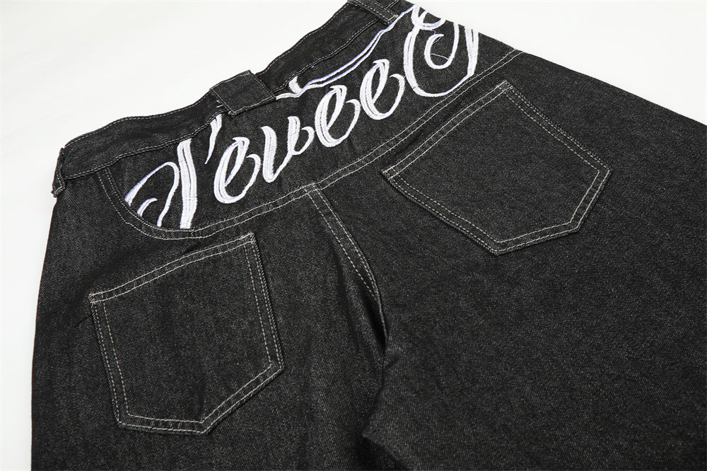 Men's Wide-Leg Jeans – Loose Fit Dark Black Denim with Back Script Embroidery &