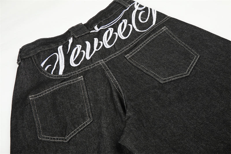 Men's Wide-Leg Jeans – Loose Fit Dark Black Denim with Back Script Embroidery &