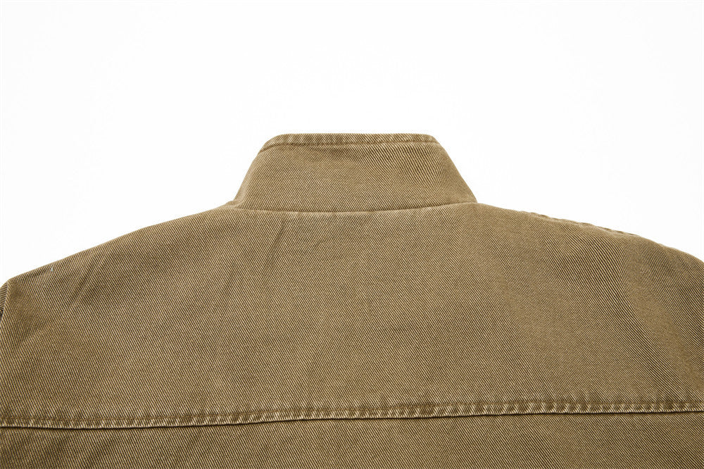 Vintage Workwear Denim Jacket – Stand Collar, Zip Chest Pockets & Oversized Fit