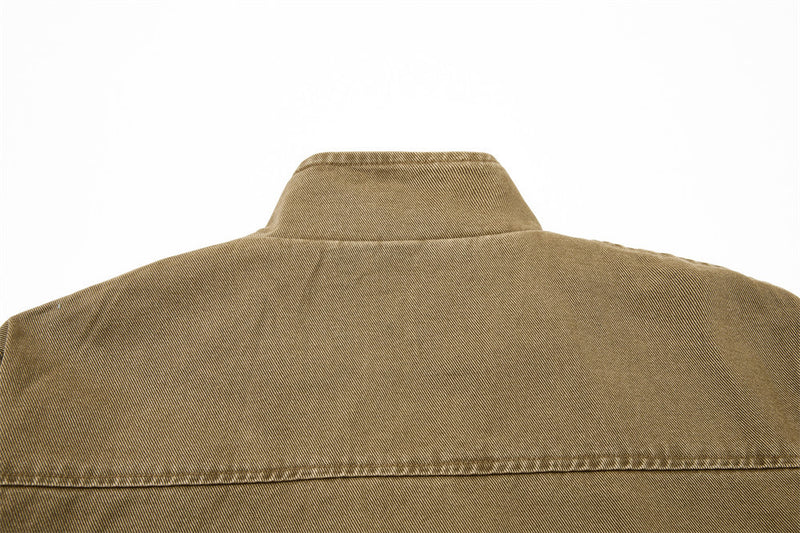 Vintage Workwear Denim Jacket – Stand Collar, Zip Chest Pockets & Oversized Fit