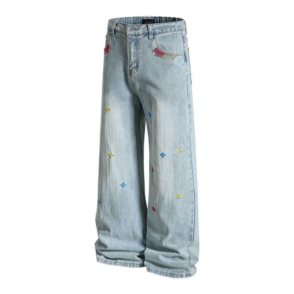 Wide-Leg Washed Denim Jeans with Cross Star Embroidery & Rhinestone Pocket