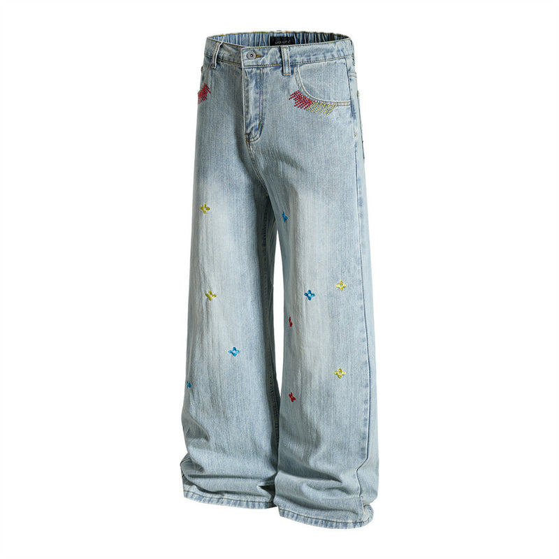 Wide-Leg Washed Denim Jeans with Cross Star Embroidery & Rhinestone Pocket