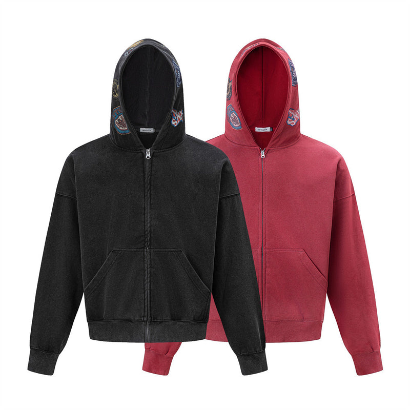 Vintage Patch Zip-Up Hoodie – Oversized Acid-Wash Streetwear Sweatshirt
