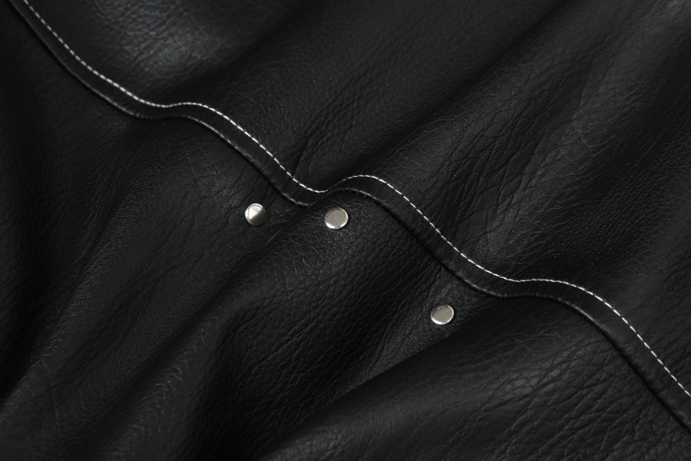Men's Studded Deconstructed PU Leather Hooded Jacket with Faux Fur Collar