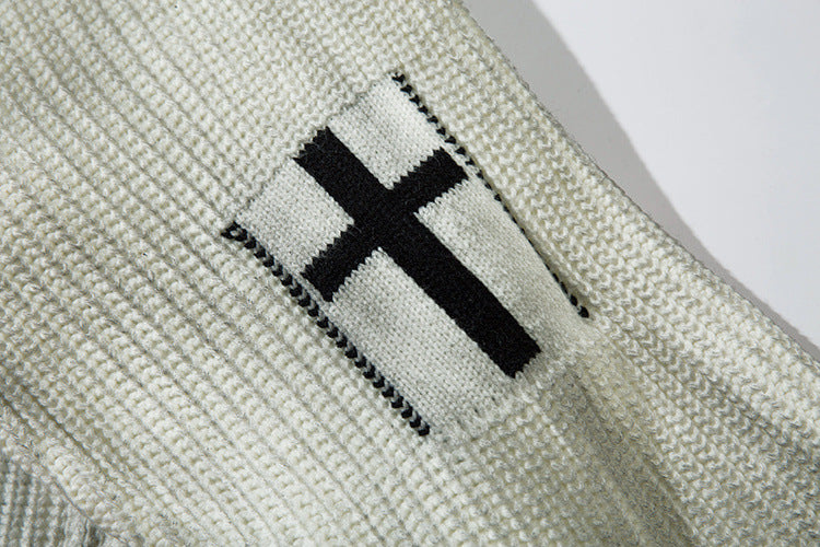 Veste-pull zippée en maille jacquard croix gothique – Col montant médiéval sombre