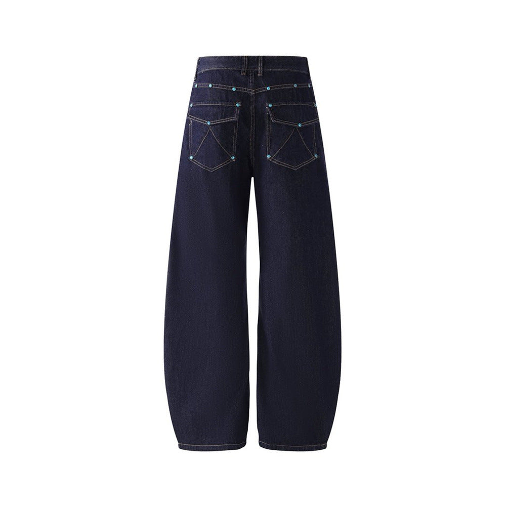 Wide-Leg Barrel Jeans – Turquoise Stud Detail, Curved Silhouette