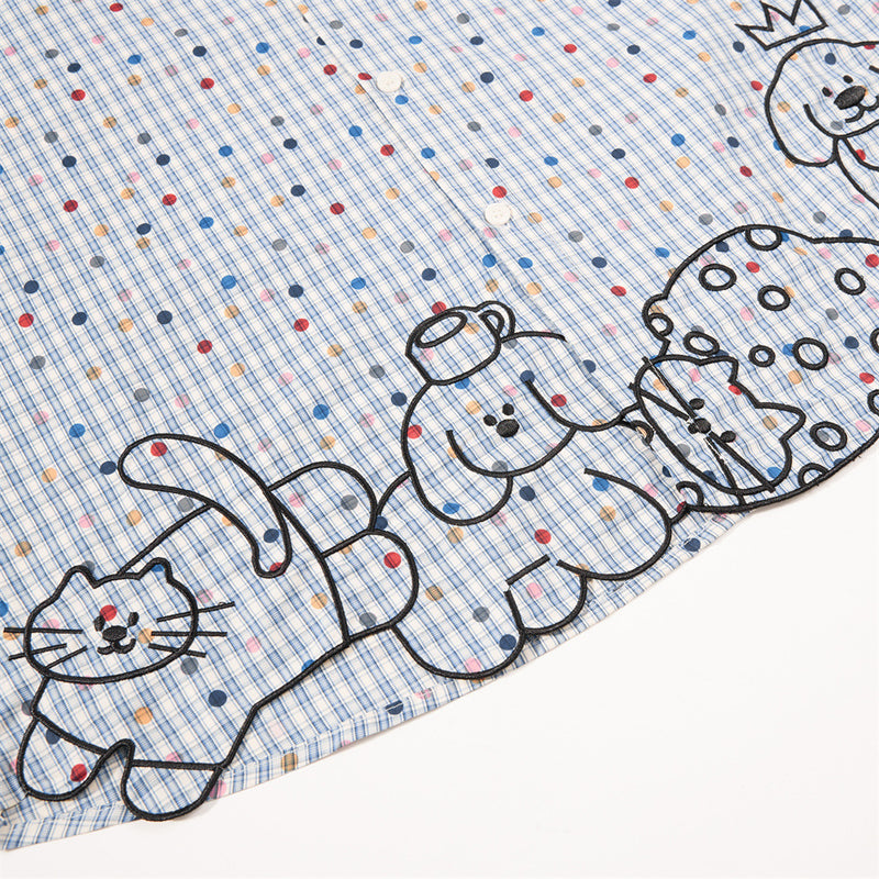 Men's Plaid Long Sleeve Shirt with Cartoon Dog Embroidery and Colorful Polka Dot