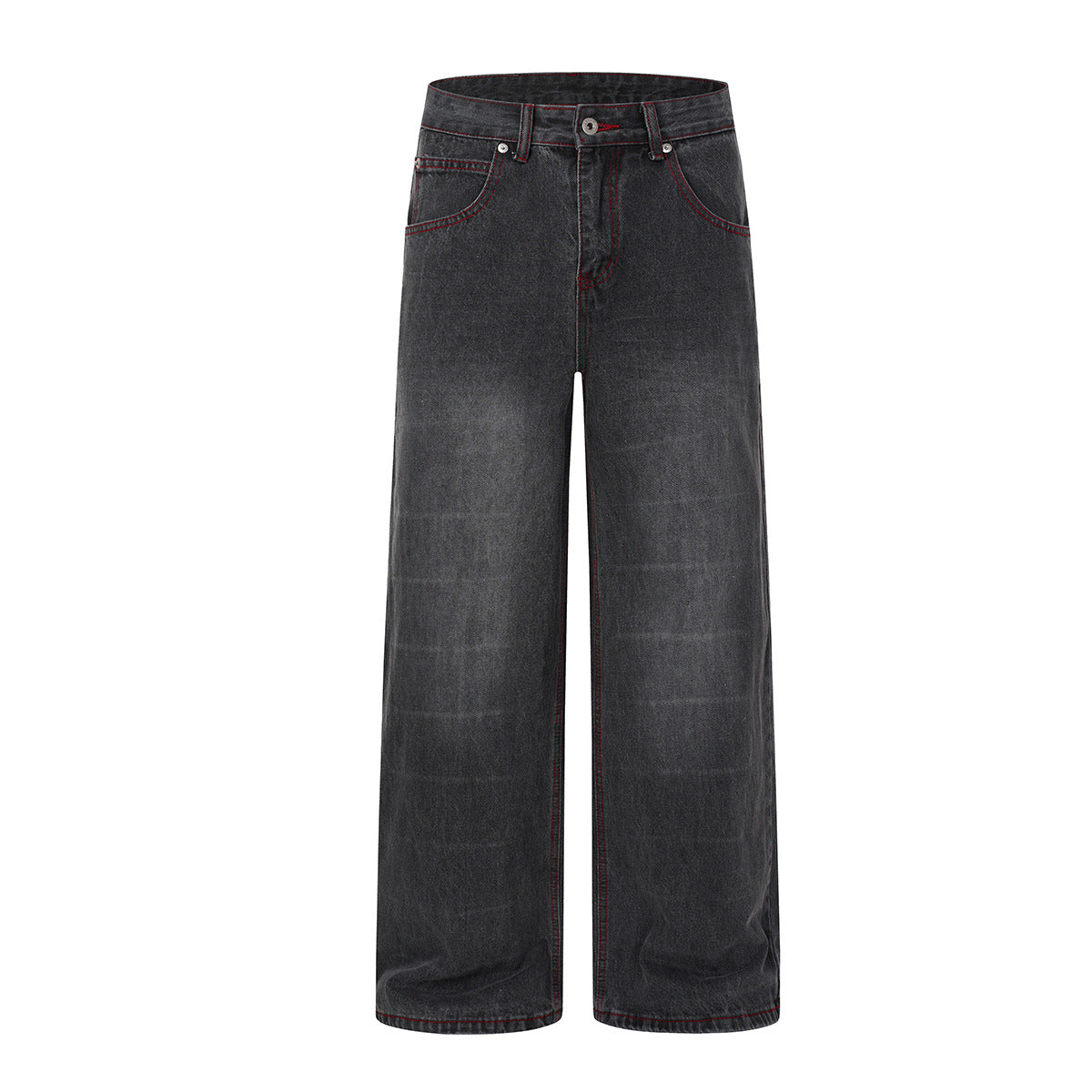 Wide-leg washed black denim jeans with gothic wing and star print on back panel and red contrast stitching