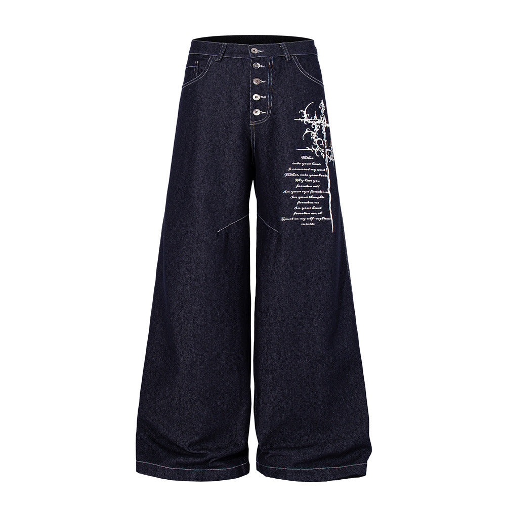Wide-Leg Jeans with Gothic Cross & Script Embroidery, Button Fly, Dark Indigo
