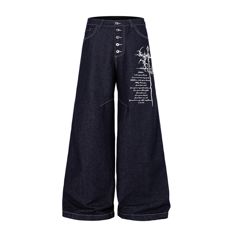 Wide-Leg Jeans with Gothic Cross & Script Embroidery, Button Fly, Dark Indigo