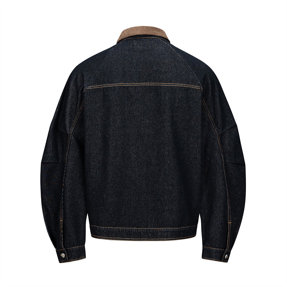 Men's Raw Denim Jacket with Corduroy Collar — Deconstructed Seam Design