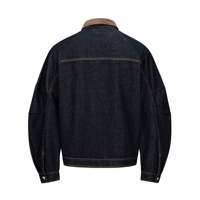 Men's Raw Denim Jacket with Corduroy Collar — Deconstructed Seam Design