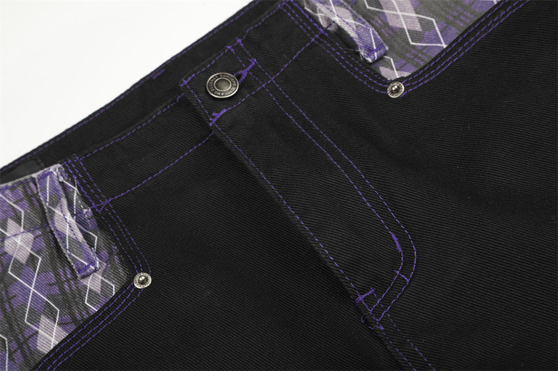 Wide-Leg Jeans with Argyle Patchwork Waistband and Hem Detail
