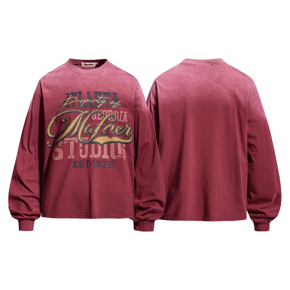 Men's oversized burgundy distressed long sleeve shirt with vintage Atlanta Georgia Mafaer Studio collegiate graphic print, fr