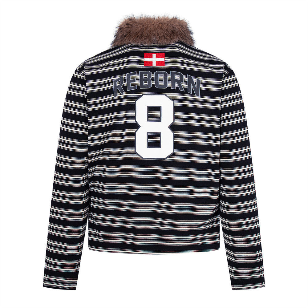Men's Striped Long-Sleeve Polo Shirt with Detachable Faux-Fur Collar