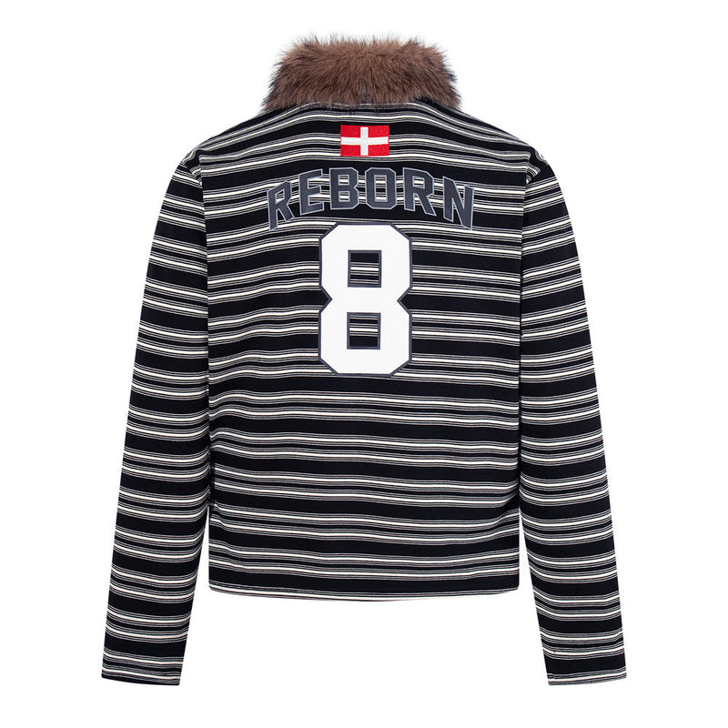 Men's Striped Long-Sleeve Polo Shirt with Detachable Faux-Fur Collar