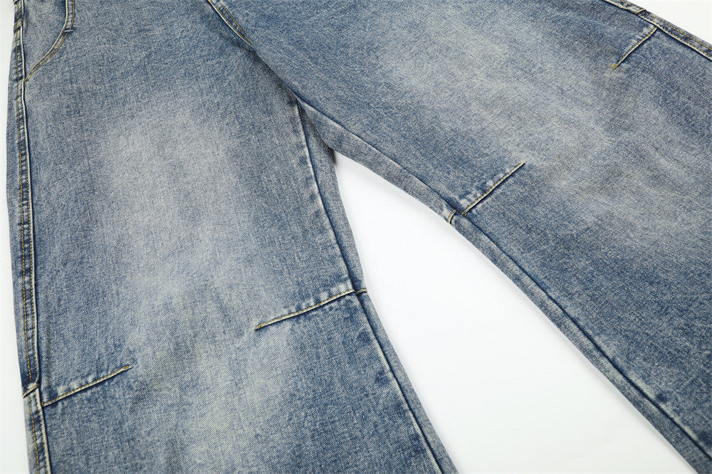 Wide-Leg Baggy Jeans with Cross Pocket Embroidery & Washed Distressed Finish