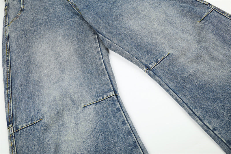 Wide-Leg Baggy Jeans with Cross Pocket Embroidery & Washed Distressed Finish