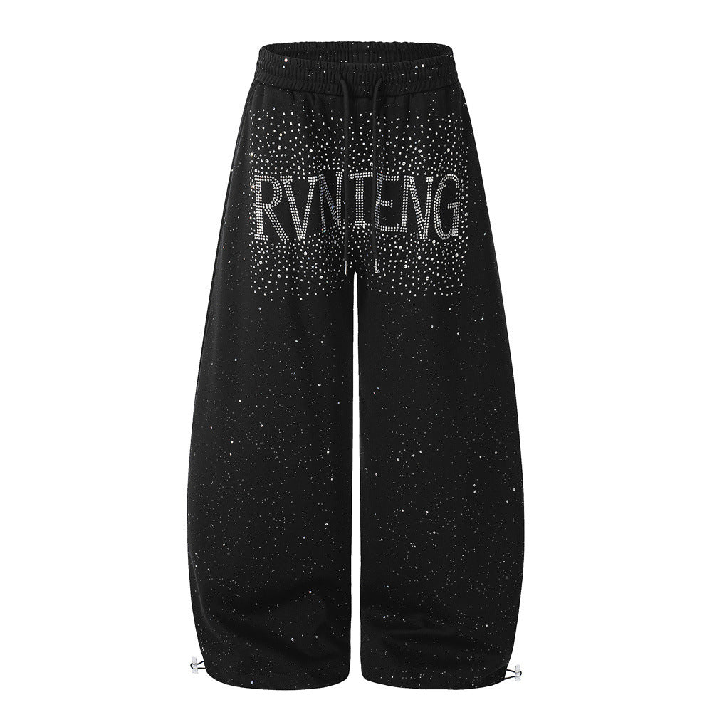 Men's Wide-Leg Sweatpants with Rhinestone Letter Print & All-Over Starry Sparkle