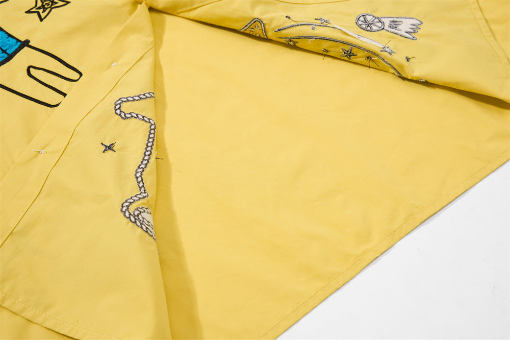 Cartoon Embroidered Short Sleeve Shirt – Oversized Streetwear Button-Up