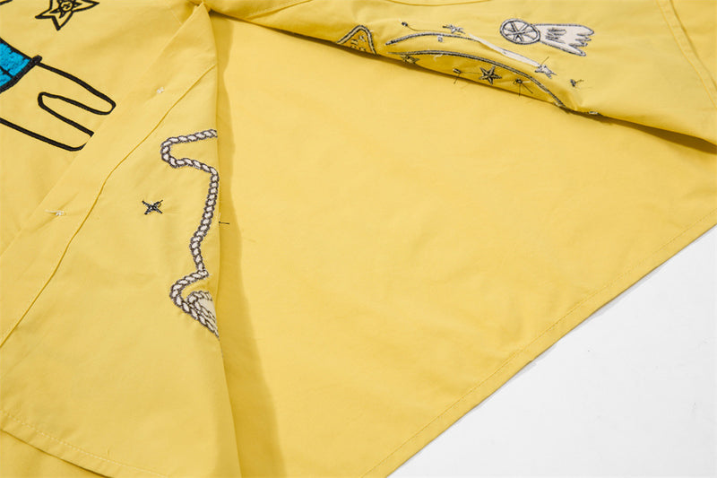 Cartoon Embroidered Short Sleeve Shirt – Oversized Streetwear Button-Up