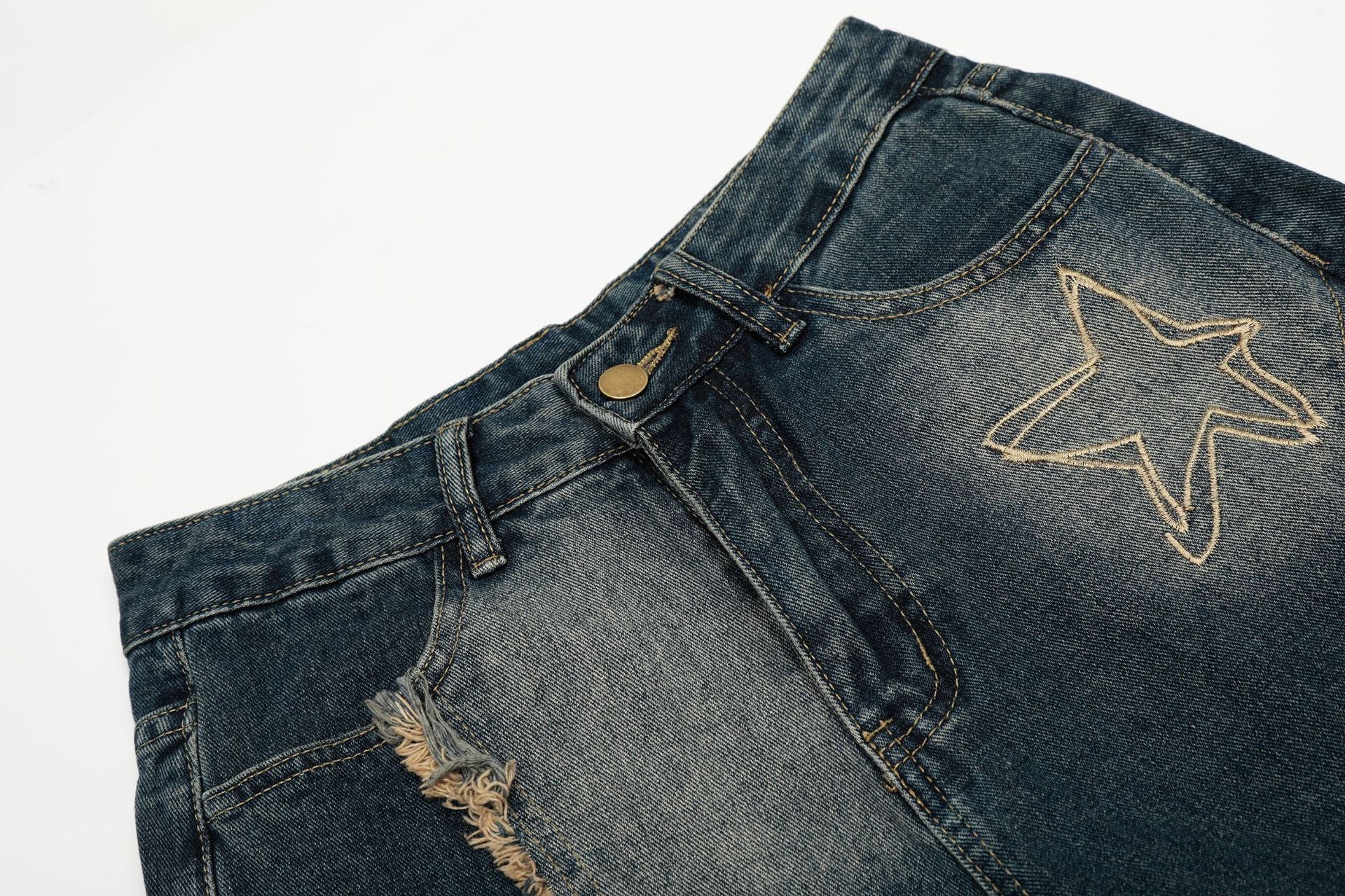 Baggy Jeans with Celestial Embroidery, Raw-Edge Seam & Wide Leg — Unisex Vintage