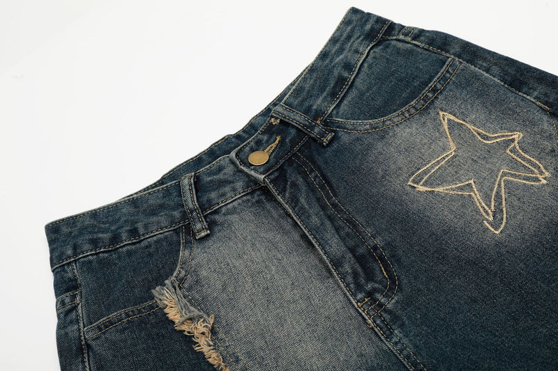 Baggy Jeans with Celestial Embroidery, Raw-Edge Seam & Wide Leg — Unisex Vintage