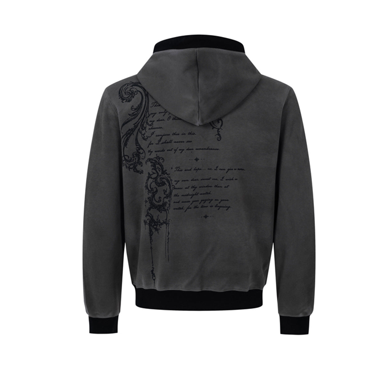 Hoodie mit Gothic-Schriftzug und Reißverschluss – Gewaschener Vintage-Dark-Style