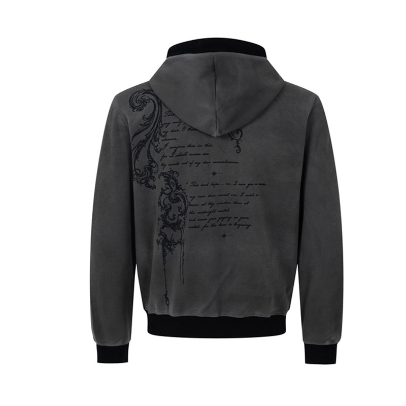 Hoodie mit Gothic-Schriftzug und Reißverschluss – Gewaschener Vintage-Dark-Style